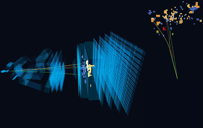 Visualisasi peluruhan meson B0 dengan pasangan elektron-positron pada materi CERN tentang Standard Model. Bukan kejadian dari perangkap Northwestern.