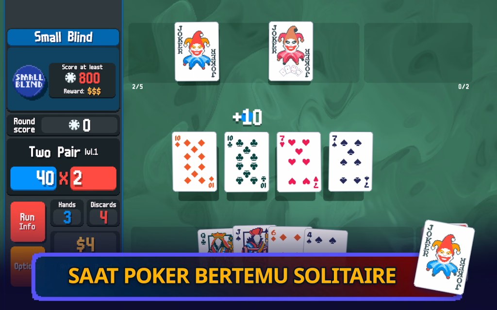 Contoh kartu, Joker, dan perhitungan skor Balatro. Sumber: Playstack.