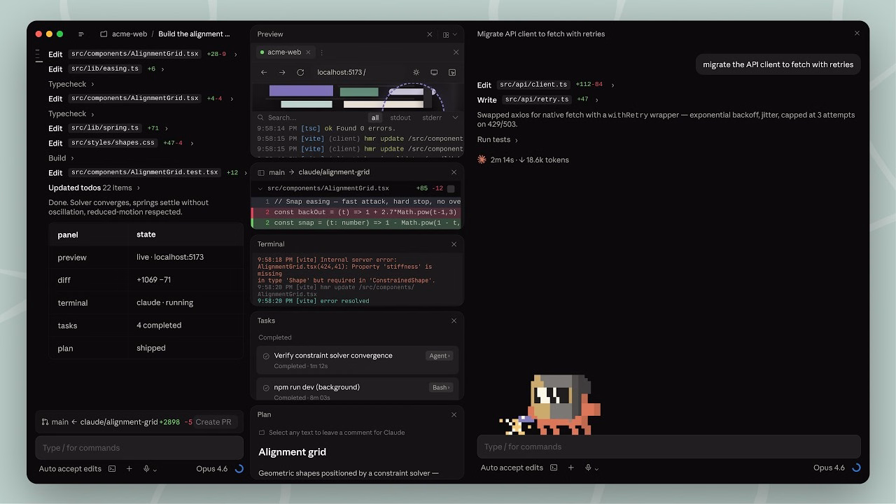 Claude Code desktop menampilkan beberapa sesi, kode, dan panel pemeriksaan perubahan