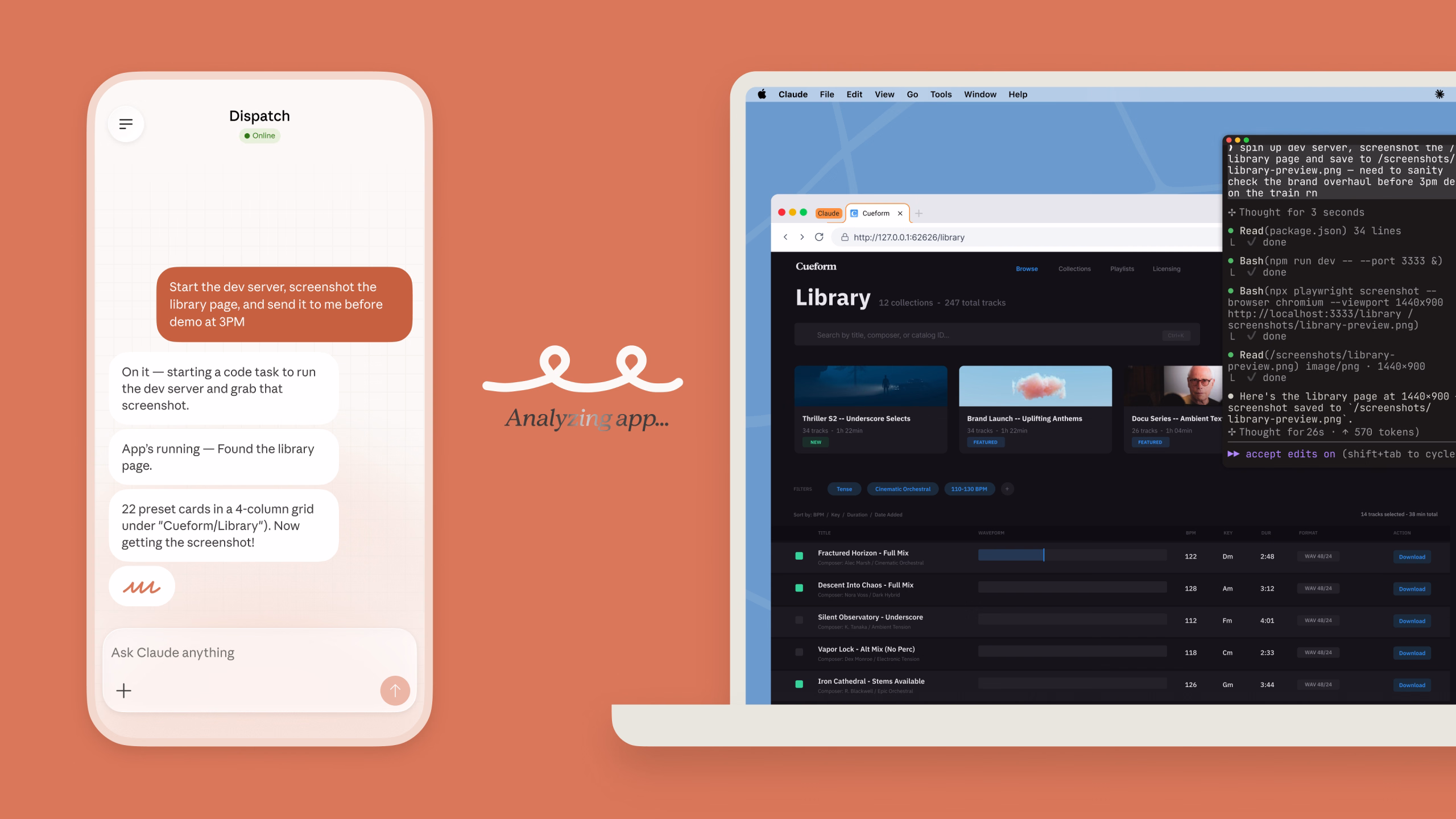 Demo Dispatch memperlihatkan instruksi pada ponsel dan pelaksanaan tugas Claude pada komputer