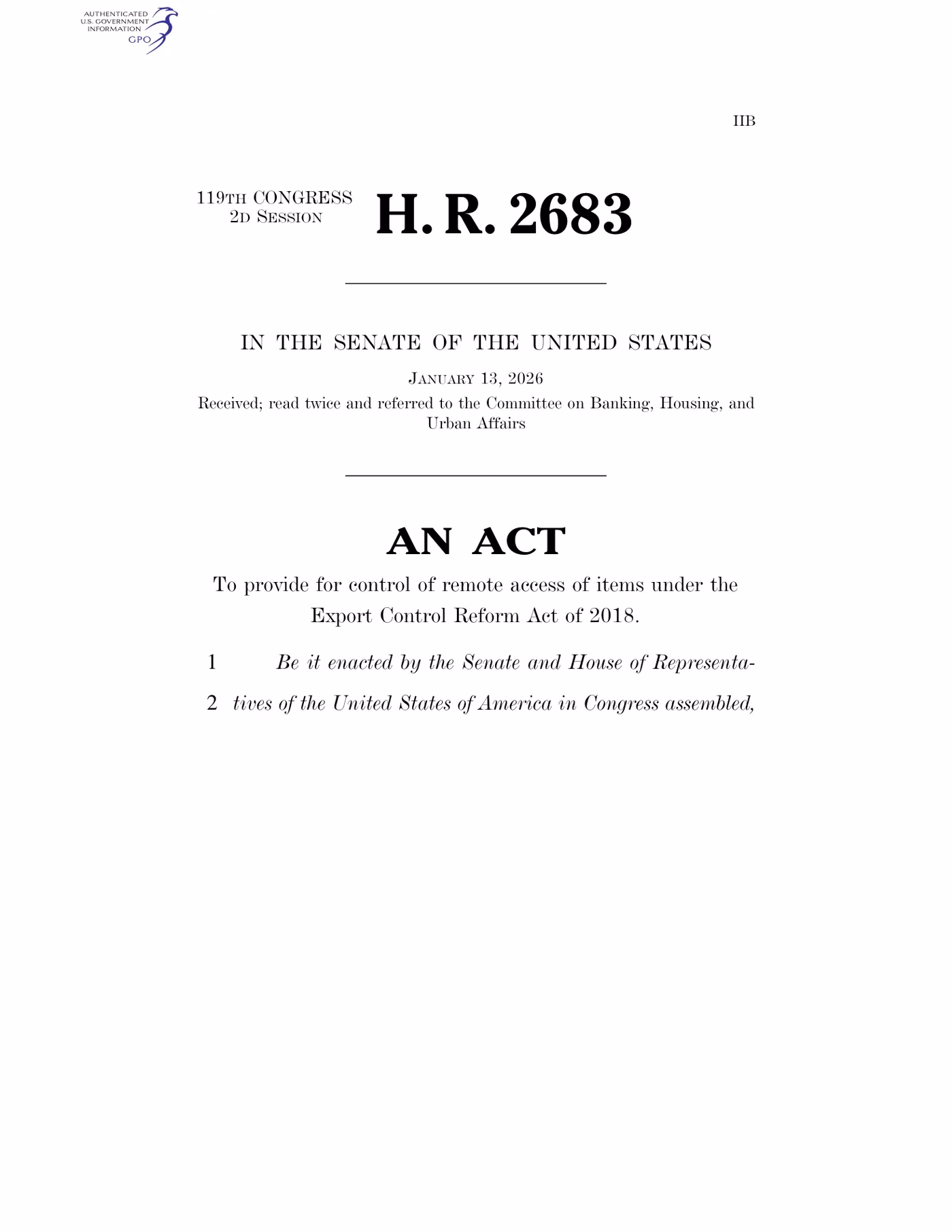 H.R. 2683 diterima Senat pada 13 Januari