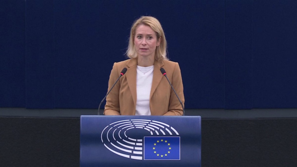 Kaja Kallas berbicara di Parlemen Eropa di Strasbourg pada 20 Oktober 2026.