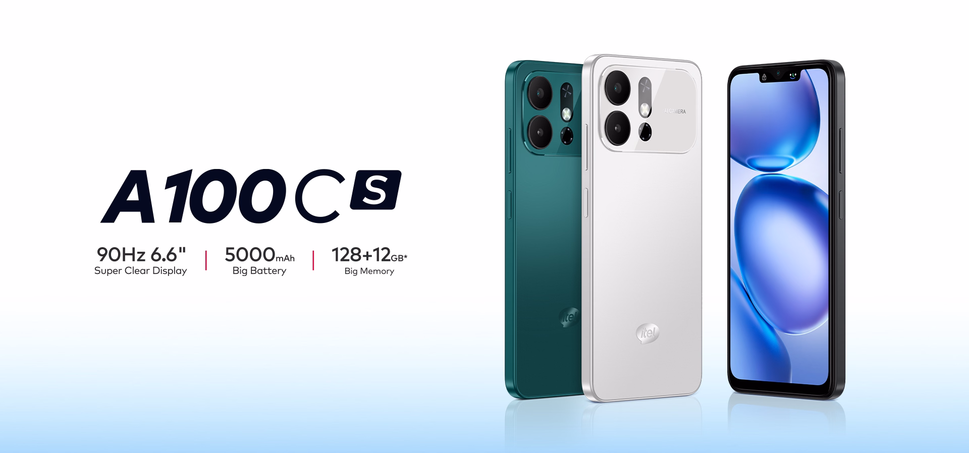 itel A100Cs dalam materi resmi produsen yang menampilkan desain dan fitur utamanya