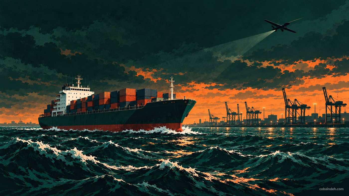 Ilustrasi editorial kapal niaga, pelabuhan, dan pengawasan udara di laut.