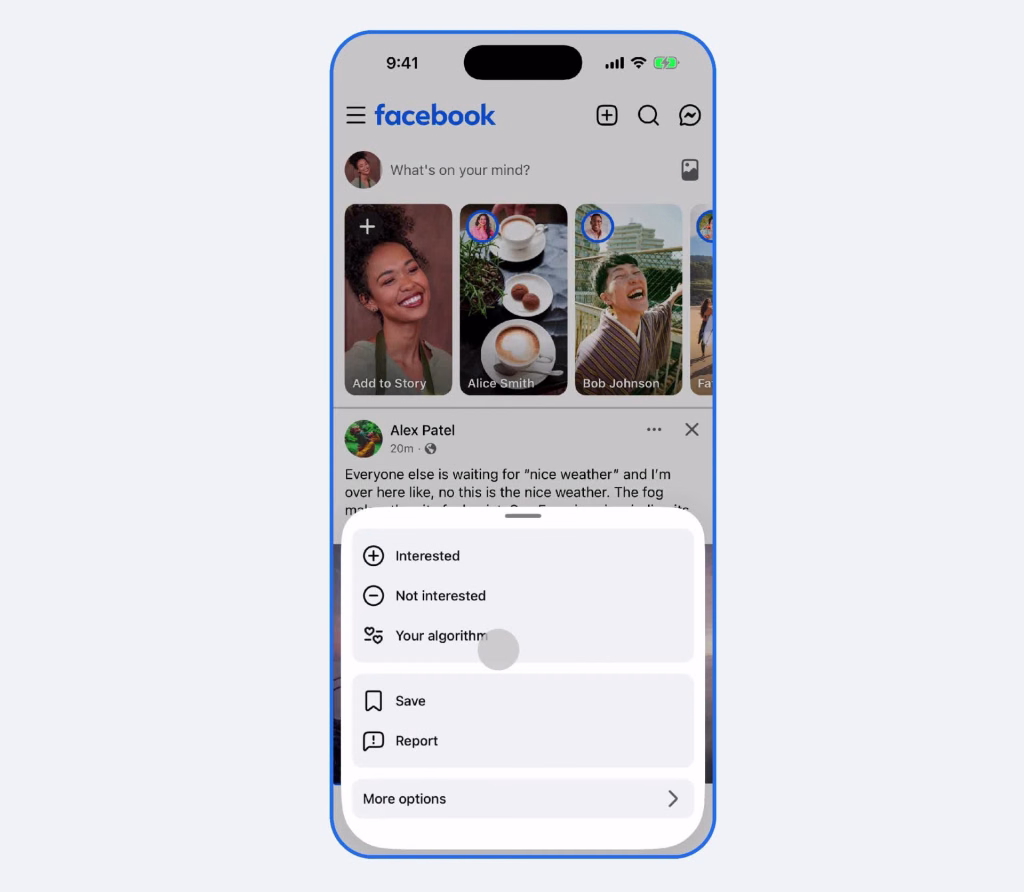 Demo resmi Facebook memperlihatkan pilihan Your algorithm untuk mengatur rekomendasi.