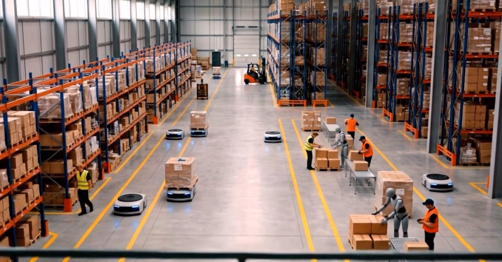 Visual robot bergerak dan pekerja di gudang dalam materi rilis Accenture