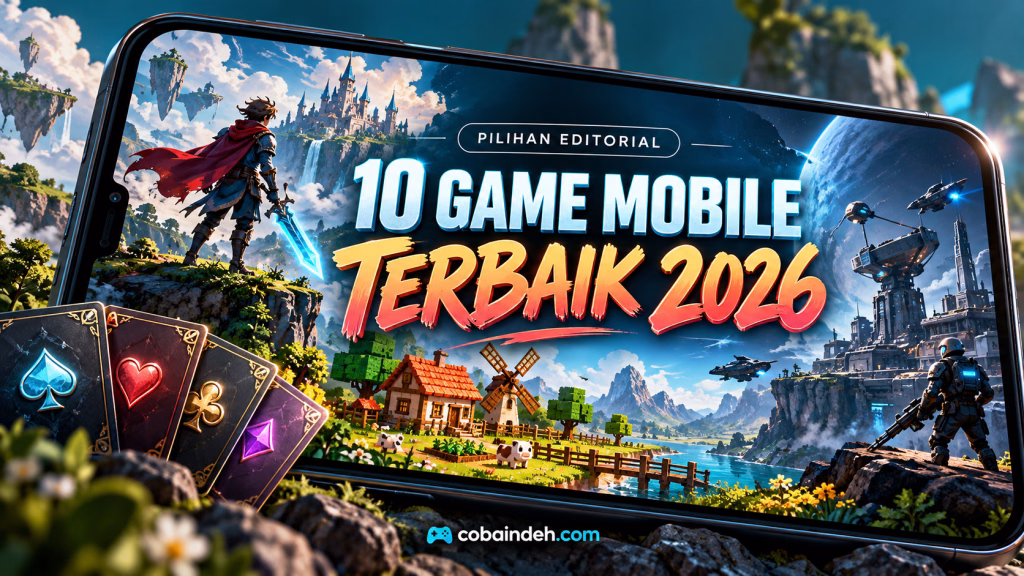 Thumbnail 10 Game Mobile Terbaik 2026: ilustrasi ponsel dengan dunia fantasi, farming, aksi, dan kartu.