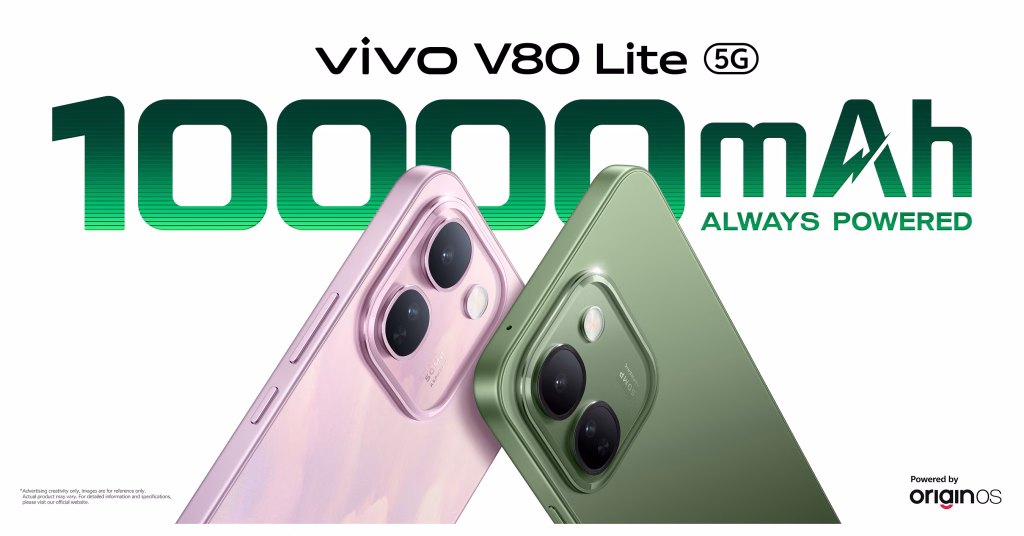 Materi promosi resmi vivo V80 Lite 5G warna pink dan hijau dengan baterai 10.000 mAh